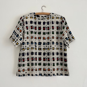 1980s colourful abstract geometric print boxy high neck blouse, size S M 10 12 14