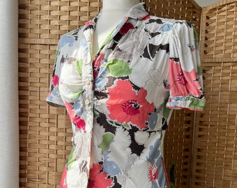 y2k floral button up XS S // Vintage WHISTLES 1930s style puff sleeve v neck blouse, size XS 8 10