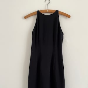 1990s chic black mini fitted sheath dress with open beaded back, size XS S petite 6 8