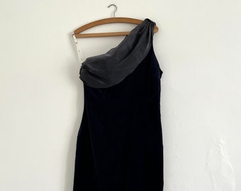 1980s 1990s medianoche azul terciopelo y gasa un hombro bombshell vestido, talla M 12 14