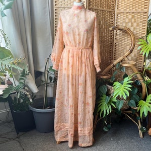 1970s sheer maxi dress XS // vintage cotton mid century peach floral victoriana prairie maxi dress, puff sleeve, size S 8 10