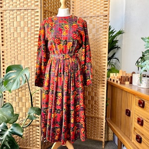 1980s pattern clash dress S 10 12 // Vintage red floral plaid cinched waist shirt dress, original belt, by &#39;Eastex&#39;, size S M 10 12