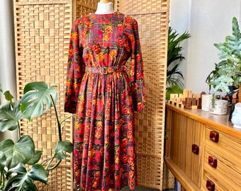 1980s pattern clash dress S 10 12 // Vintage red floral plaid cinched waist shirt dress, original belt, by 'Eastex', size S M 10 12