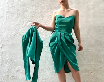1980s strapless teal satin dress S 8 10 // Vintange liquid satin sweetheart prom party dress and cropped jacket set by 'Wallis' S 10