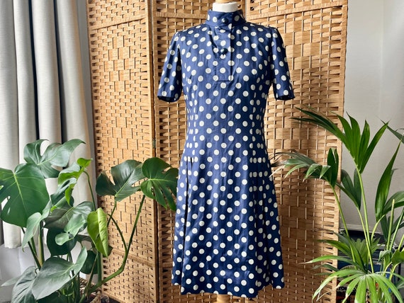 1950s blue polka dot dress Late High Neck Navy Print Shirt Waister Dress, Expertly Handmade, Approx Size S M 10 12 featuring flattering A