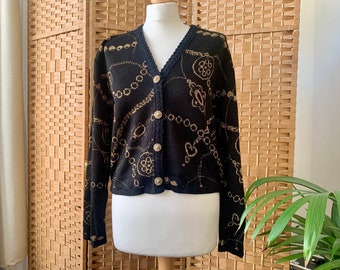 FABULOUS 1980s gold abstract chain pattern black cropped cardigan S M 8 10 12