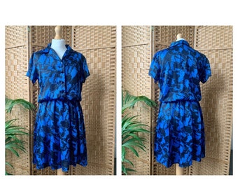 1980s electric blue and black shirt dress, size 10 12 14 M