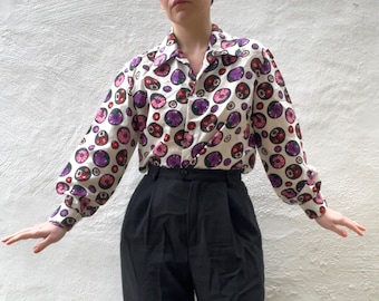 1970s mod shirt S M // FLOWER POWER vintage button up satin blouse, novelty print, S M 8 10 12