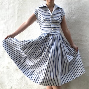 1950s stripe dress suit S M // Perfect true vintage blue & white cotton nautical breton stripe full skirt dress and blouse size 10 12