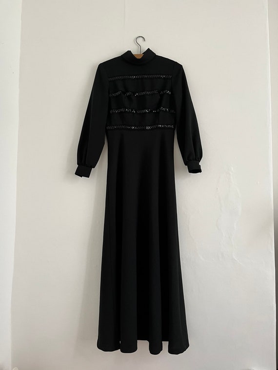 1970s black high waisted flared skirt sequin stri… - image 2