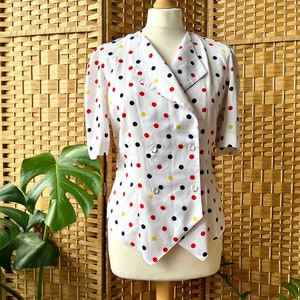 1980s polka dot blouse S M 12 // 80s does 1940s white puff sleeve double breasted crop blouse size M