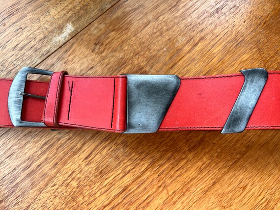 Vintage Y2K Red Real Leather Belt With Brushed Metal