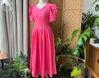 1980s LAURA ASHLEY pink dress XS // Rare iconic perfect bright pink romantic cinched waist shirt dress, Barbiecore, size 6 8