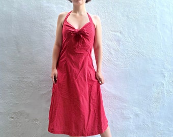 1970s polka dot halterneck Marilyn Monroe style bombshell flattering summer dress, size XS 6 8 10 adjustable