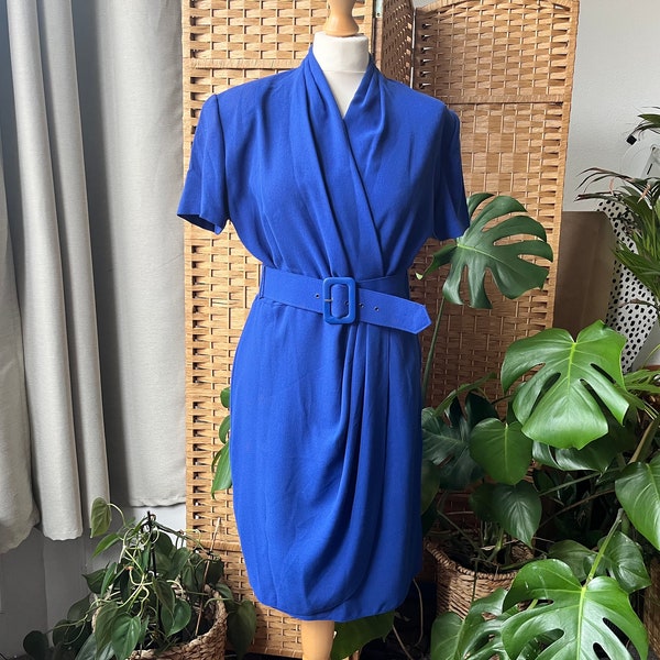 1980s electric blue dress S 10 // Vintage power dressing bright blue mini wrap style dress with belt