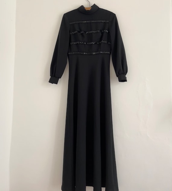 1970s black high waisted flared skirt sequin stri… - image 4