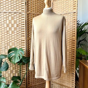 1980s camel wool turtleneck M // 100% pure new wool beige long sleeved high neck beatnik jumper, size M L 14 16