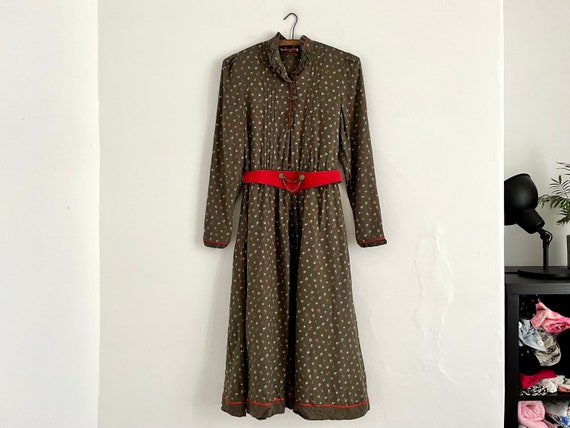 1970s prairie dress khaki cotton mix ditsy floral… - image 1