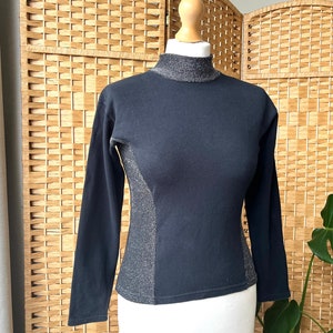 1990s black & silver turtleneck S // vintage 60s style mod shiny party top, size XS S 8 10
