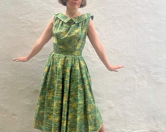 1950s abstract painterly print new look circle skirt day dress with low back, collar and original belt, size S 8 10