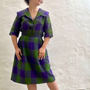 1950s purple and green check shirt waister new look full skirted dress, witchy colours, size XS S 8 10