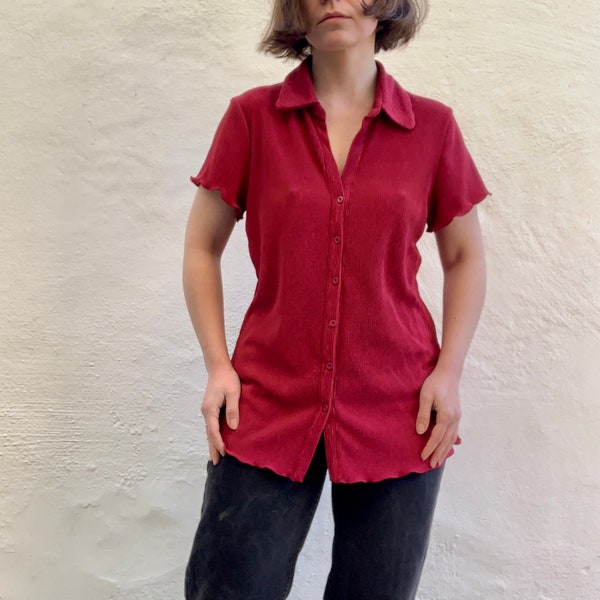 1990s burgundy red V neck pleated slinku button up blouse shirt, size S M 10 12