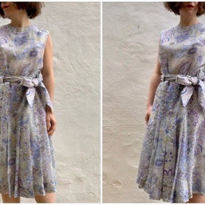 1970s paisley fit and flare chiffon overlay high neck fit and flare midi dress, size S M 10 12