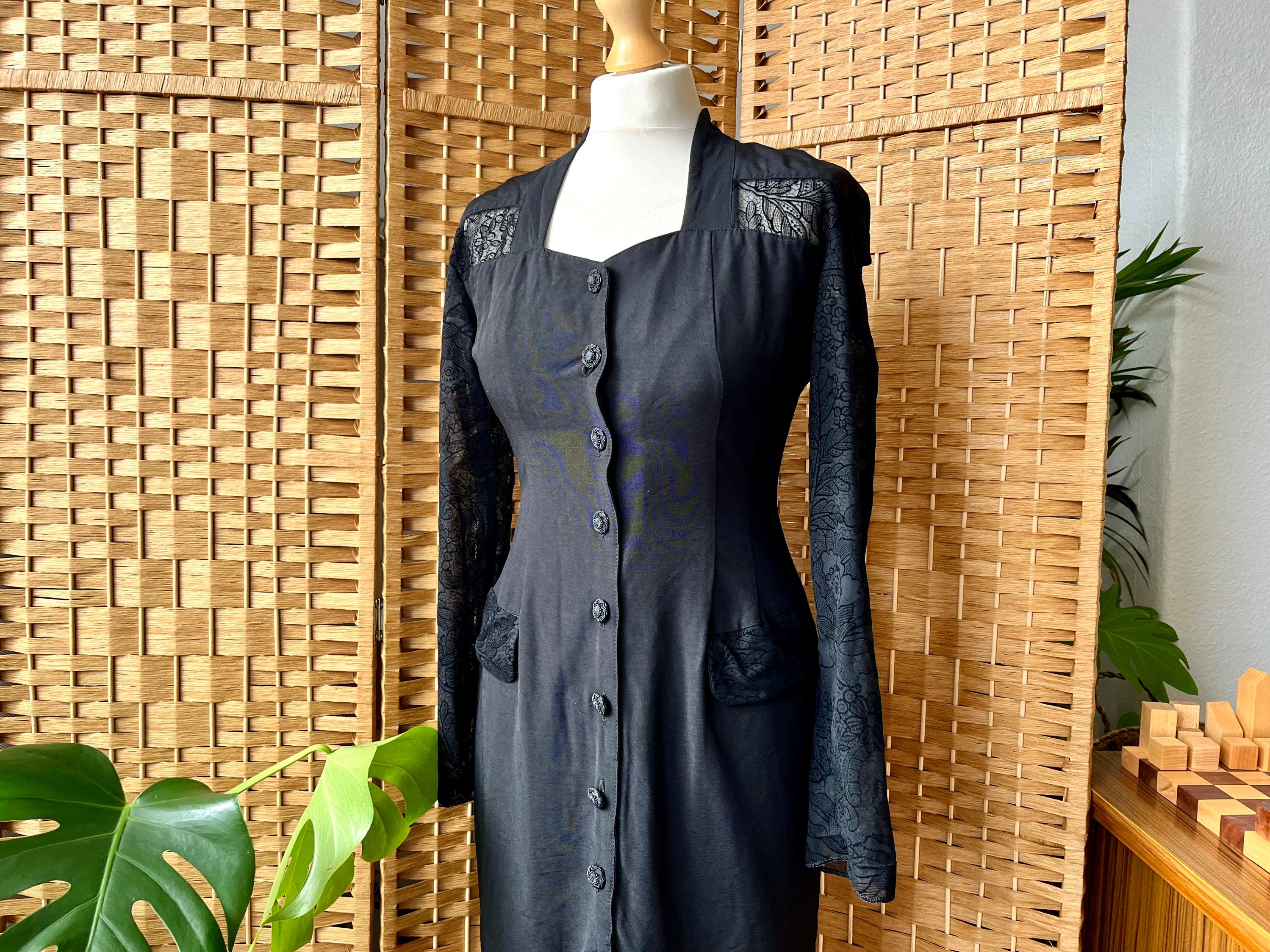 1980s Lace Bodycon Dress XS S 10 // Vintage Button up Sheer