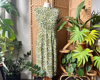 Groene jurk uit de jaren 60 M // True vintage witte en groene St Michael-jurk uit het midden van de eeuw met print, maat M 12 14