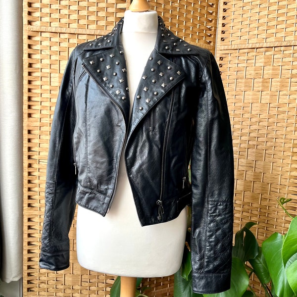 y2k motard en cuir clouté XS S // Barney’s Originals recadrée veste punk de motard en cuir véritable noir, taille XS S 6 8 10