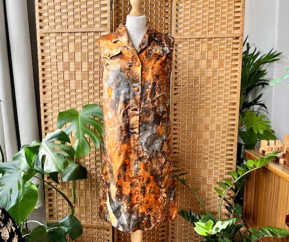 1950s painterly shirt dress M 12 // abstract silk… - image 1