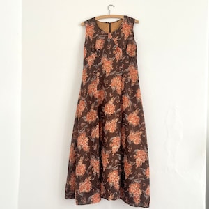 1970s boho floral gauzy chiffon empire line sleeveless hippy maxi dress, size M 12 14
