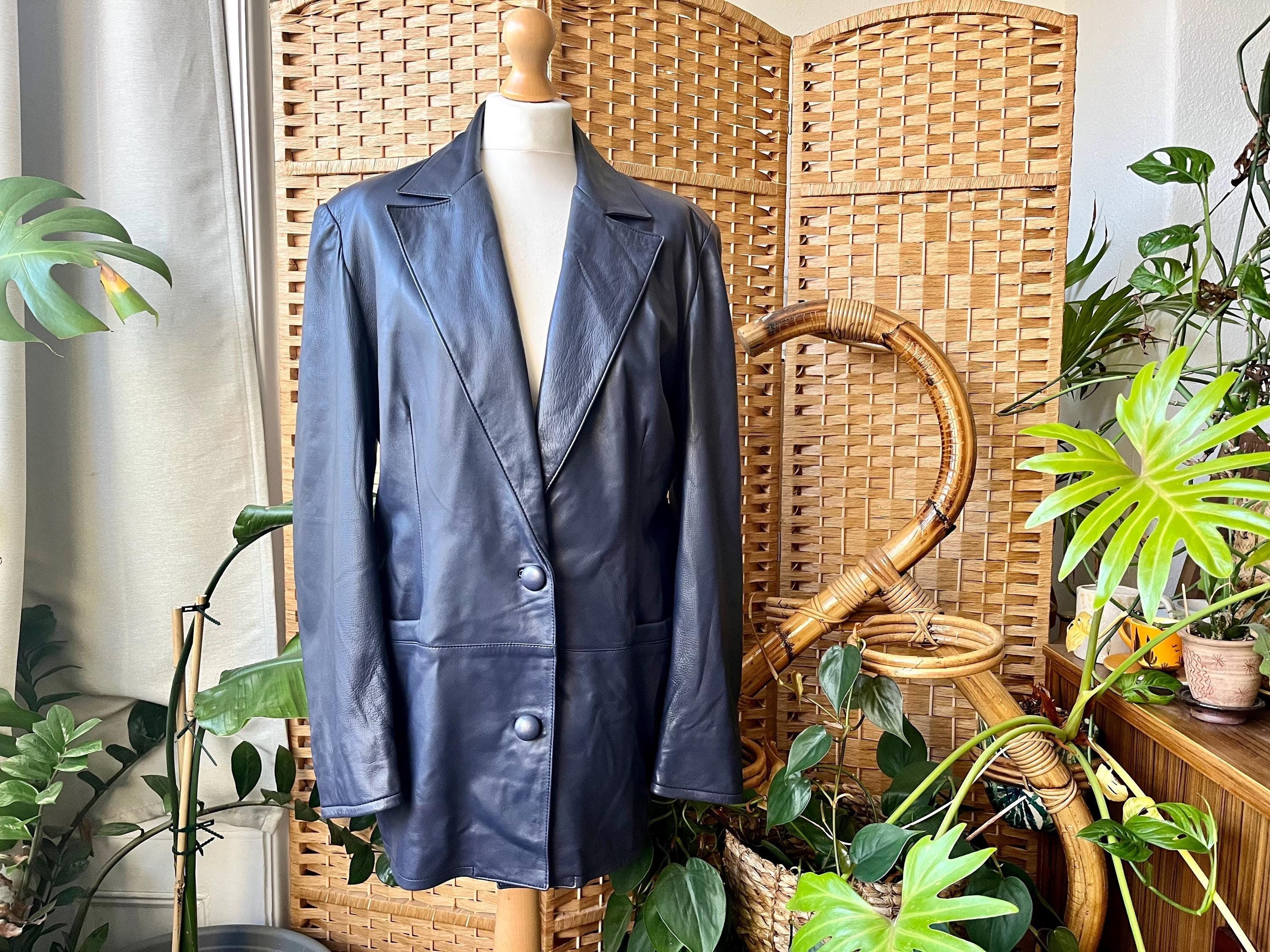 Vintage Navy Leather Blazer M // 1990s Minimalist Blue