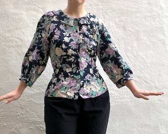 1980s LAURA ASHLEY blouse S M // iconic floral puff sleeve cotton cinched waist button up prairie blouse, cute collar, size S M 10 12