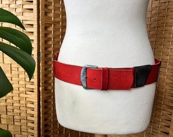 Vintage Y2K red real leather belt with brushed metal hardware M L 34-36"