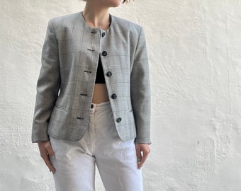 Jaren 1980 zwart-witte prins van Wales check cropped strakke blazer van St Michaels, maat S 8 10 12