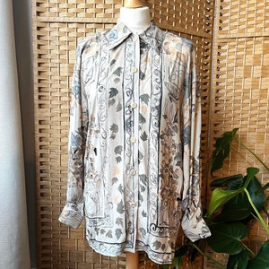 1990s novelty blouse S // vintage leafy architectural print longline long sleeve blouse, size S 10 12