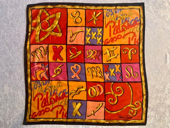 Vintage 1980s PALOMA PICASSO abstract colourful arty large abstract satin scarf