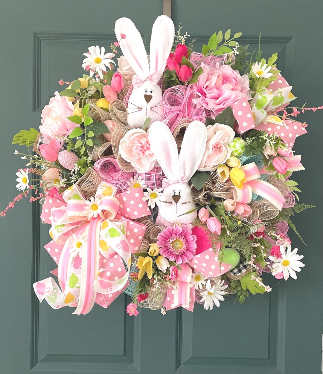 Pink Easter Bunny and Flower Wreath, Farmhouse Floral Door Hanger ...