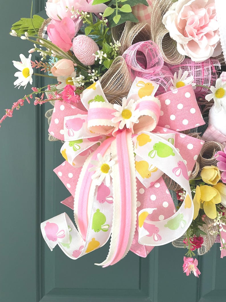 Pink Easter Bunny and Flower Wreath, Farmhouse Floral Door Hanger ...