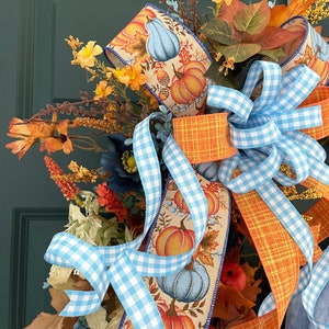 Farmhouse Pumpkin Wreath, Blue and Orange Fall Front Door Decor, French ...