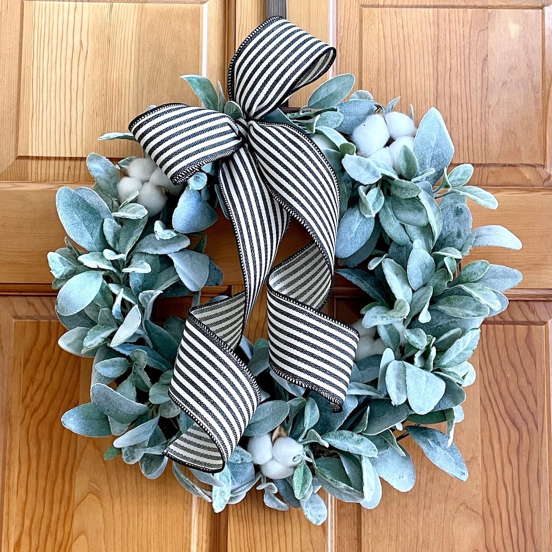 Farmhouse Cotton and Lambs Ear Front Door Wreath, Everyday Wreath ...