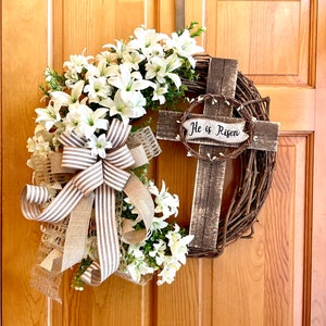 Easter Front Door Wreath with He Is Risen Cross and Lily Flowers, Spring Farmhouse Wreath with Lilies and Wooden Cross, Religious Wall Decor