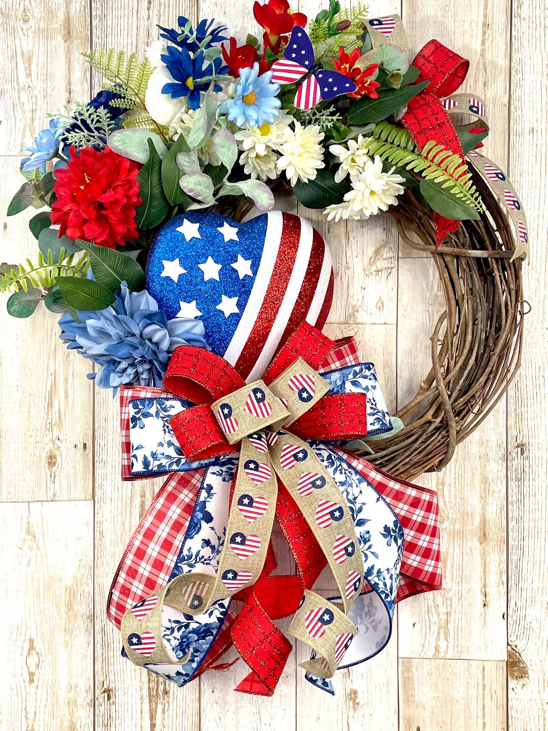 4th of July Wreath, Patriotic Wreath for Front Door, Red White and Blue ...