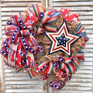 4th of July Wreath for Front Door, Patriotic Fourth of July Stars and Stripes Wreath, Summer Independence Day Holiday Decor