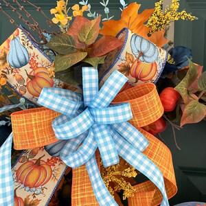 Farmhouse Pumpkin Wreath, Blue and Orange Fall Front Door Decor, French ...