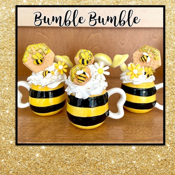 Bee Mug with Fake Whipped Topping and Bee Cabochons, Bumble Bee Mini Mug for Tiered Tray, Bee Keeper Gift Idea, Summer Picnic Party Accent