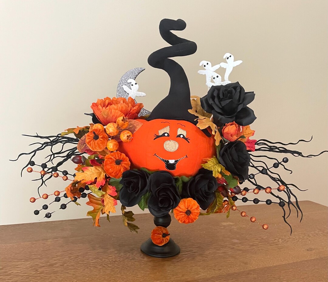 Halloween Jack O' Lantern Table Decor, Fall Pumpkin on a Candlestick ...