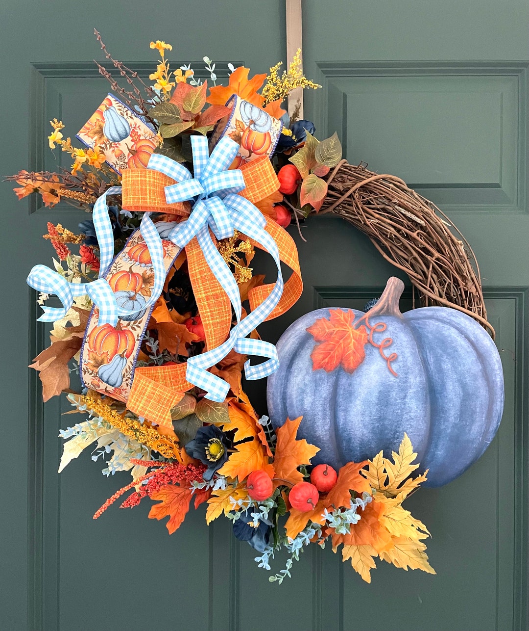 Farmhouse Pumpkin Wreath, Blue and Orange Fall Front Door Decor, French ...