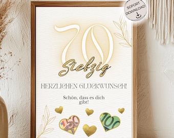 Cash gift for a 70th birthday | Last-minute gift for a 70th birthday PDF instant download | Cash gift | Cash gift for a milestone birthday